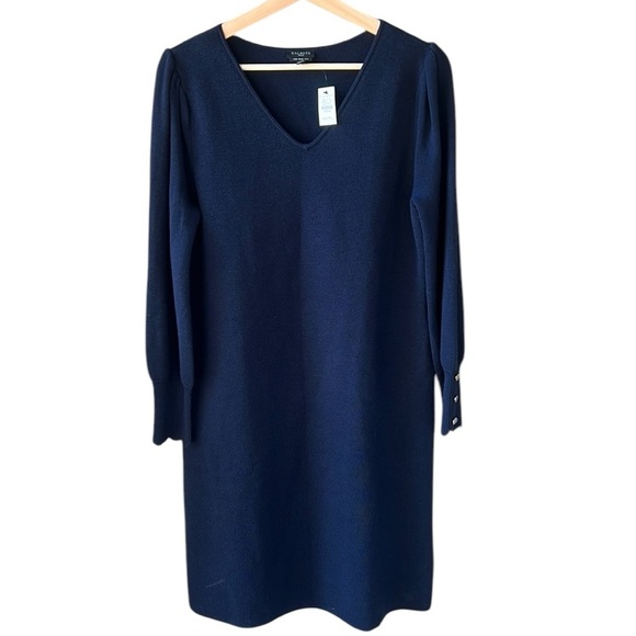 Talbots New w Tag Large Petite Navy 100% Merino Wool V Neck Midi Sweater Dress - Picture 2 of 11